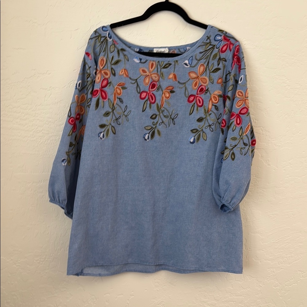 Kindred Chambray Embellished Blouse Tunic with 3/4 Sleeves 2X